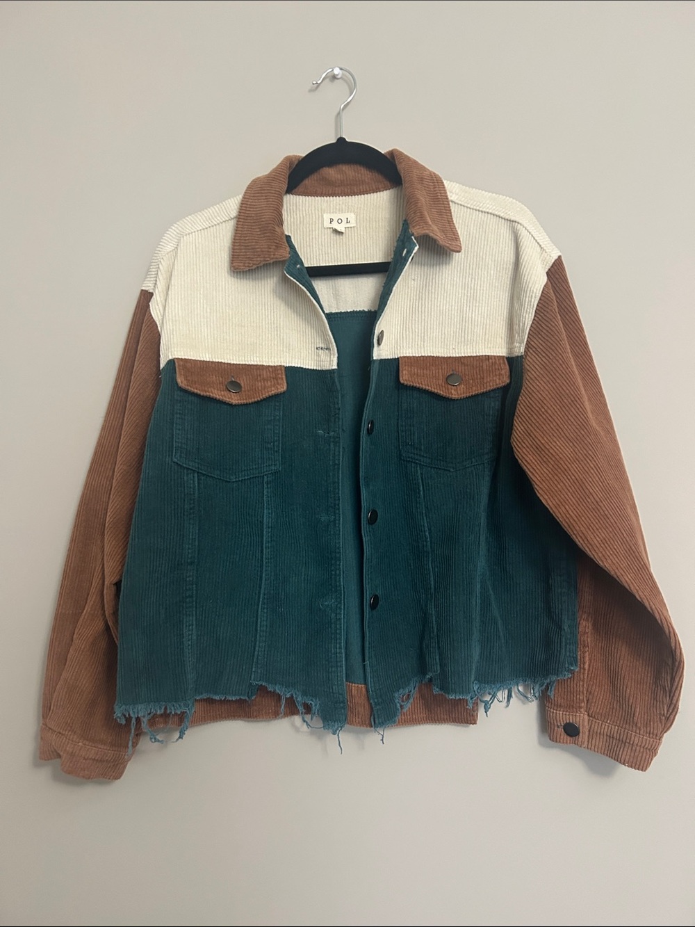 POL Teal, Cream & Brown Corduroy Colorblock Jacket